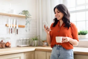 Personne souriante tenant une tasse tout en consultant son smartphone dans une cuisine.